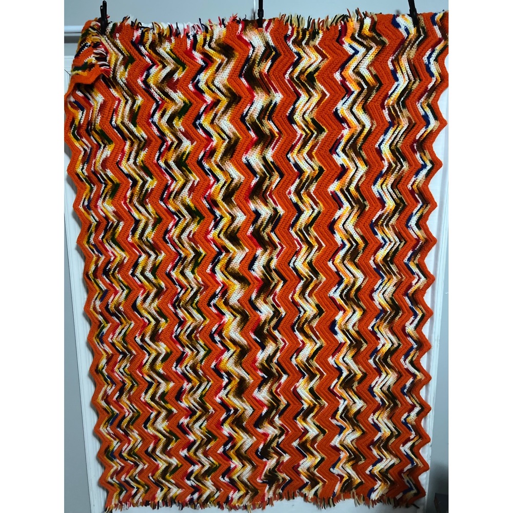 Vintage Handmade Crochet Afghan Blanket Orange Brown Chevron Zigzag Ripple Throw